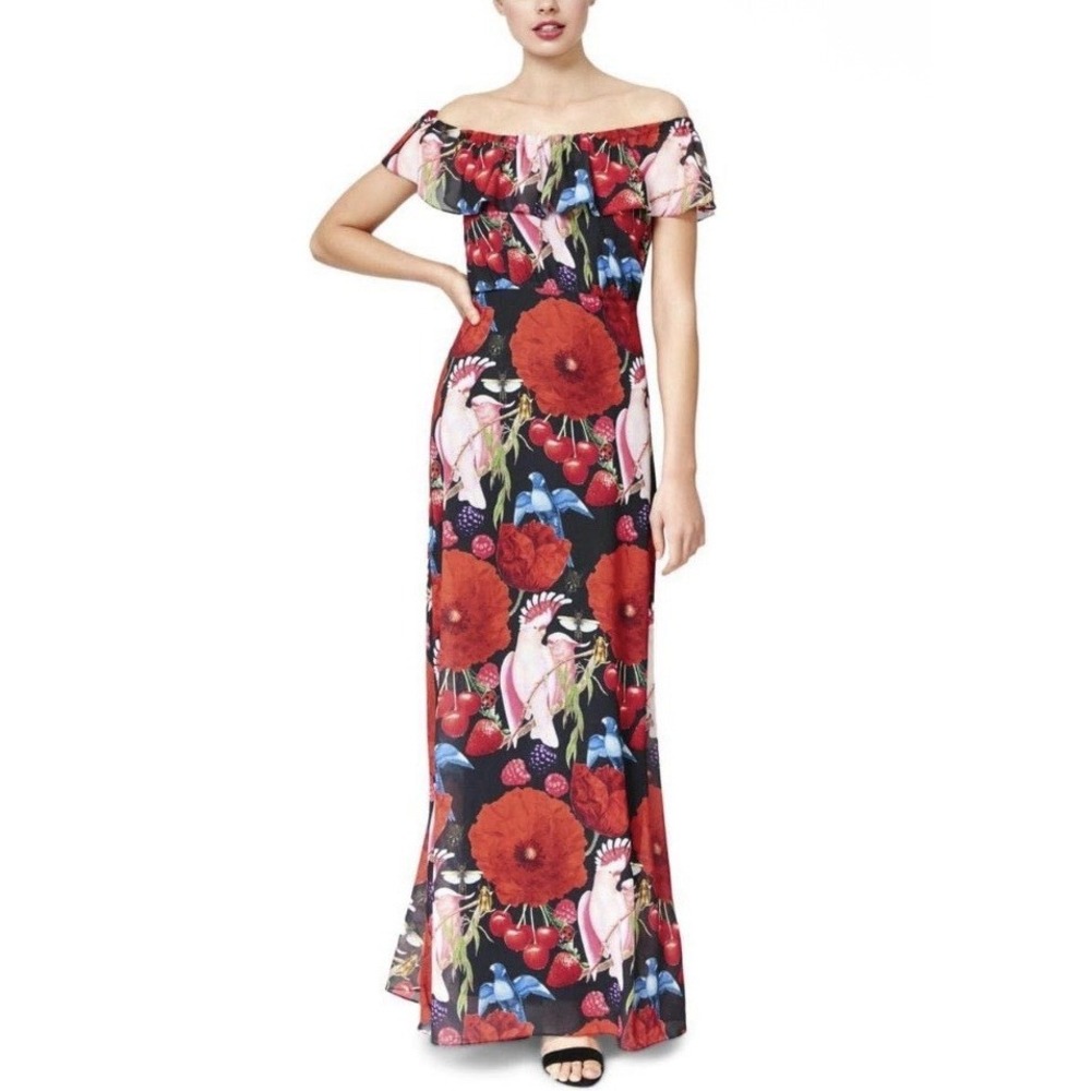 Betsy Johnson Birds of Paradise Off The Shoulder Maxi Dress Sz 2 Tropical Resort